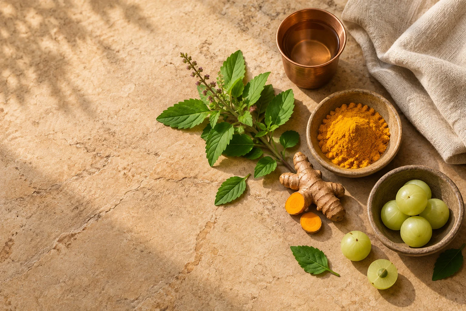 Illustrative arrangement of Ayurvedic botanicals, turmeric and copper vessel