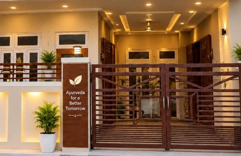 AI-generated concept illustration of an Ayurvedic hospital entrance
